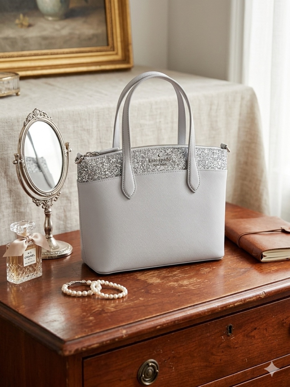 kate spade Silver-Trim Light Gray Leather Tote